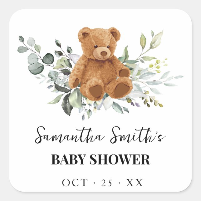 Sticker Carré Baby shower vert Eucalyptus Ours (Devant)