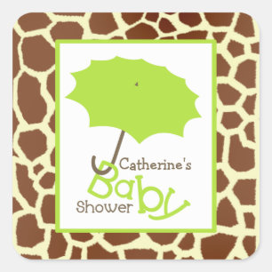 Sticker Carré Baby shower vert parapluie et girafe Imprimer