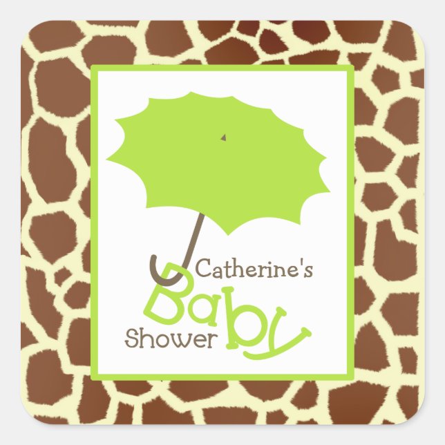 Sticker Carré Baby shower vert parapluie et girafe Imprimer (Devant)