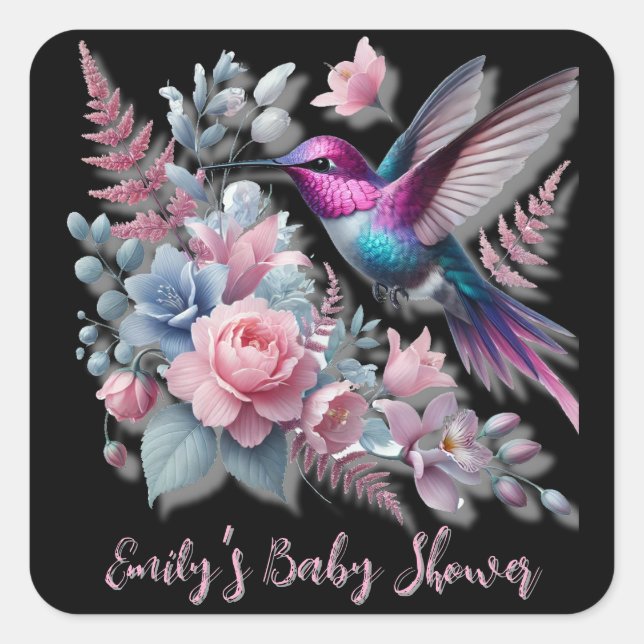Sticker Carré Baby shower Vibrant De Colibri Et De Fleurs Roses (Devant)