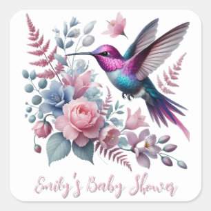 Sticker Carré Baby shower Vibrant De Colibri Et De Fleurs Roses