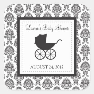 Sticker Carré Baby shower vintage Damask Baby Carriage