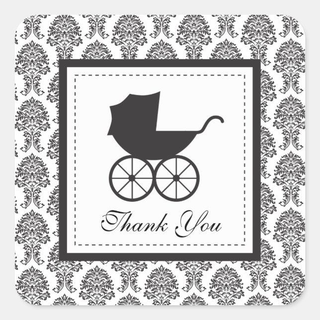 Sticker Carré Baby shower vintage Damask Baby Carriage (Devant)