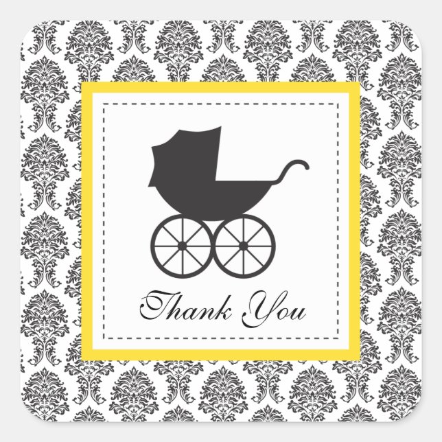 Sticker Carré Baby shower vintage Damask Baby Carriage (Devant)