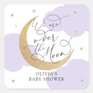 Sticker Carré Baby Shower Violet Au-Dessus de la Lune