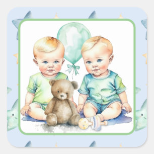 Sticker Carré Baby shower Watercolor Twin Boys