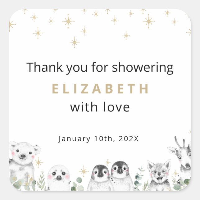 Sticker Carré Baby Shower Welcome Winter Wonderland Animals (Devant)