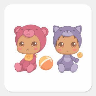 Sticker Carré Baby Twins Bear Chat Jumpsuit 3