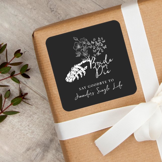 Sticker Carré Bachelorette Party Bride or Die Gothic Floral (Créateur téléchargé)
