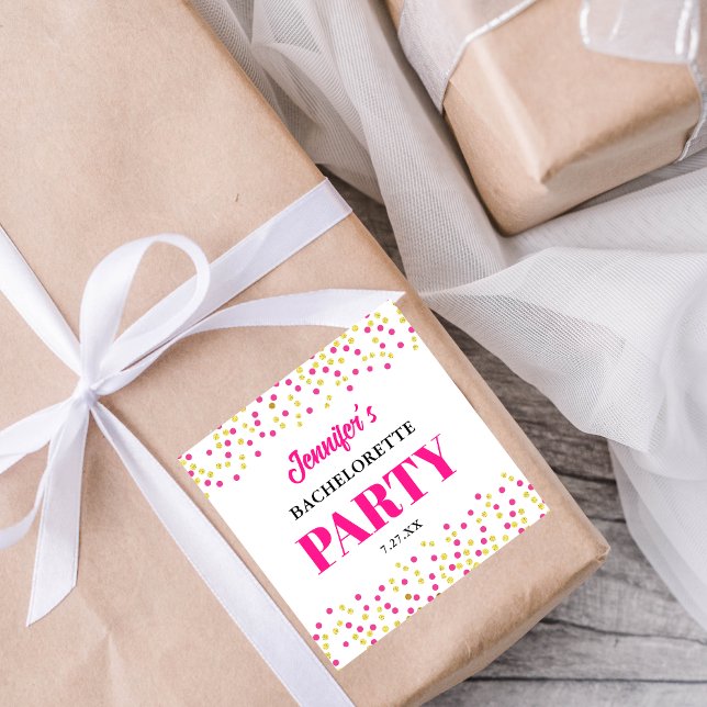 Sticker Carré Bachelorette Party Glam Pink Gold Dots (Créateur téléchargé)