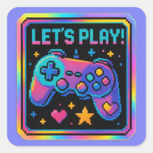 Sticker Carré Badge de joueur d'art pixelisé LEVEL UP