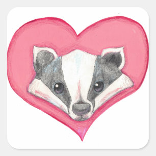 Sticker Carré Badger Wild Animal Heart rose mignon Amour drôle