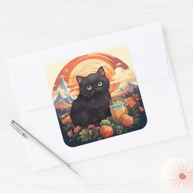 Sticker Carré Baguette de chat noir (Enveloppe)