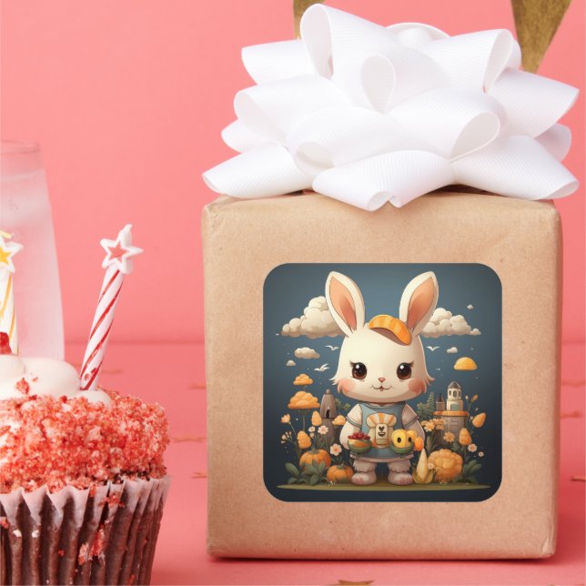 Sticker Carré Baguette de lapin mignonne (Fête)