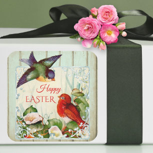 Sticker Carré Baguette de Pâques fleurie aux oiseaux de printemp