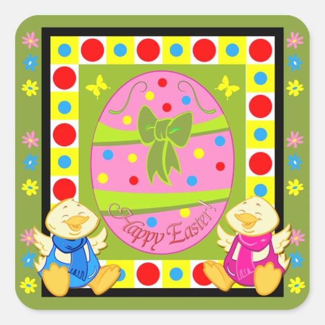 Sticker Carré Baguette de Pâques mignonne avec texte et poulets (Devant)