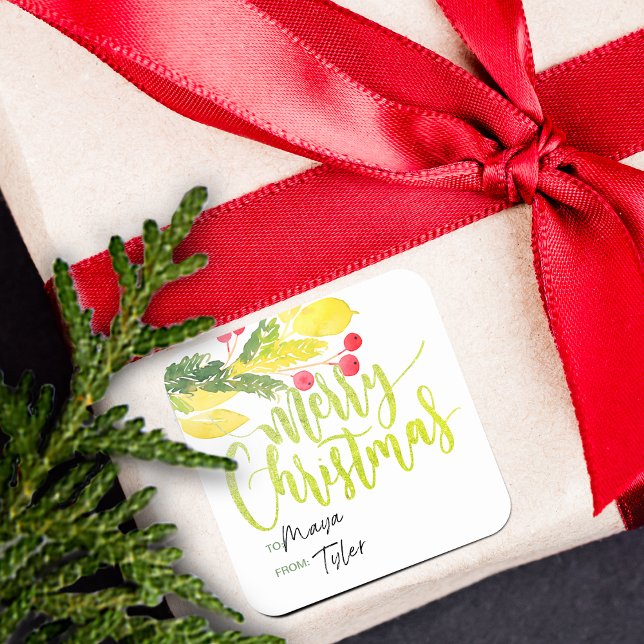 Sticker Carré Baies de Noël d'hiver à et de (Winter Christmas Berries | Gift Tag Sticker)
