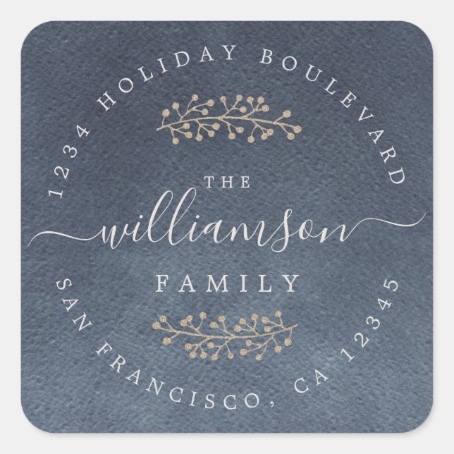 Sticker Carré Baies d'or rustique Sprig Bleu foncé Noël (Devant)