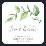 Sticker Carré Baigne de verdure rustique « Amour et Remerciement<br><div class="desc">Étiquettes de faveur de baignade de mariage rustique avec un design simple avec un brin peint à l'aquarelle verte avec de grandes feuilles, sur un fond blanc. Ci-dessous se trouve le message « Amour et Remerciements » dans une police de caractères script et votre nom, le titre de l'événement et...</div>