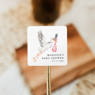 Sticker Carré Baignoire de bébé fille rose cigogne aquarelle