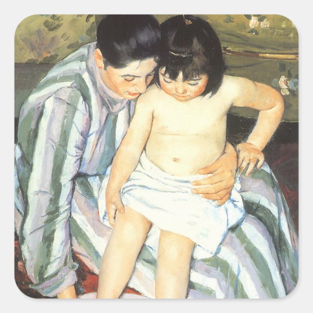 Sticker Carré Bain d'enfant par Mary Cassatt Impressionnisme Vin (Devant)