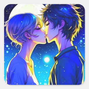 Sticker Carré Baiser sous la Pleine lune Anime Couple