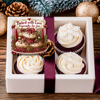 Sticker Carré Baked with Love Cupcakes Red Candles Red Ribbons