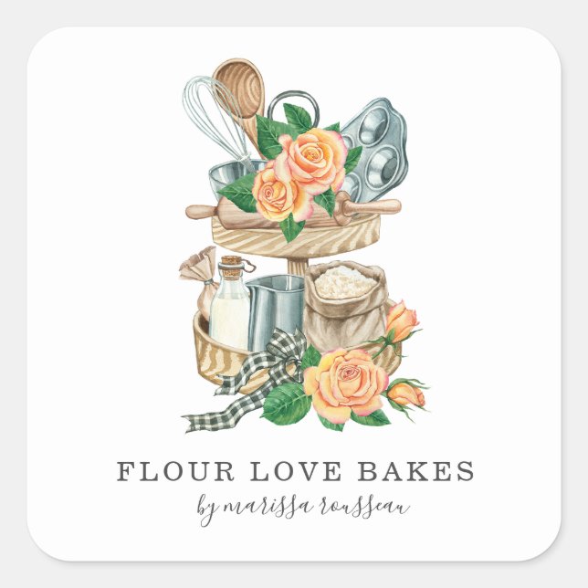 Sticker Carré Baking Utensils Bakery Baker Watercolor (Devant)