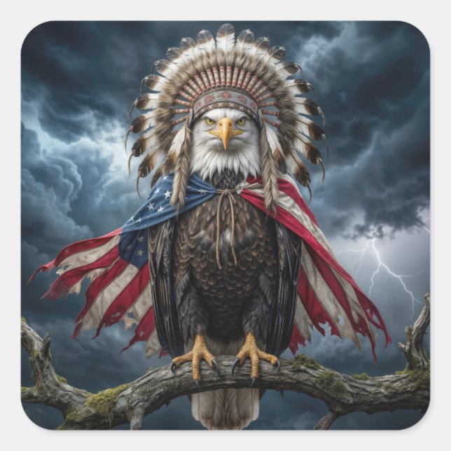 Sticker Carré Bald Eagle With American Flag Cape and Headdress (Devant)