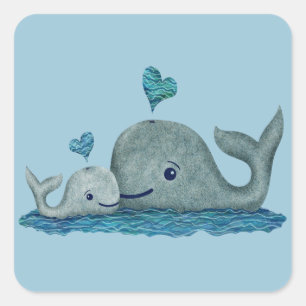 Sticker Carré Baleine maman et bébé nager dans la mer
