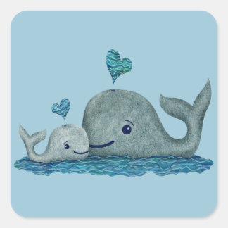 Sticker Carré Baleine maman et bébé nager dans la mer