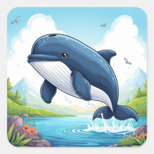Sticker Carré Baleine mignonne sautant pour les amoureux de l'oc