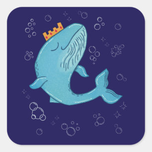 Sticker Carré Baleine Roi avec Couronne Art folklorique océani