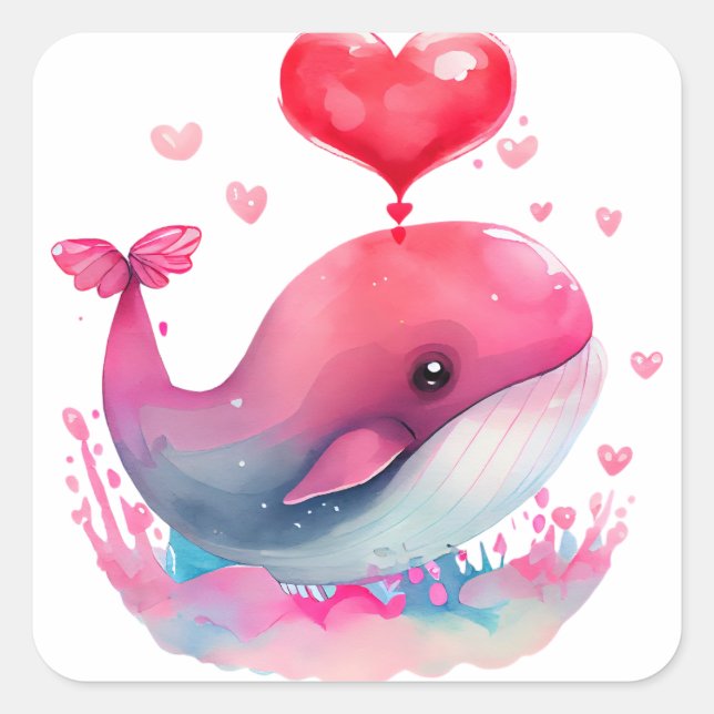Sticker Carré Baleine Rose Cœur Mignon Saint-Valentin (Devant)