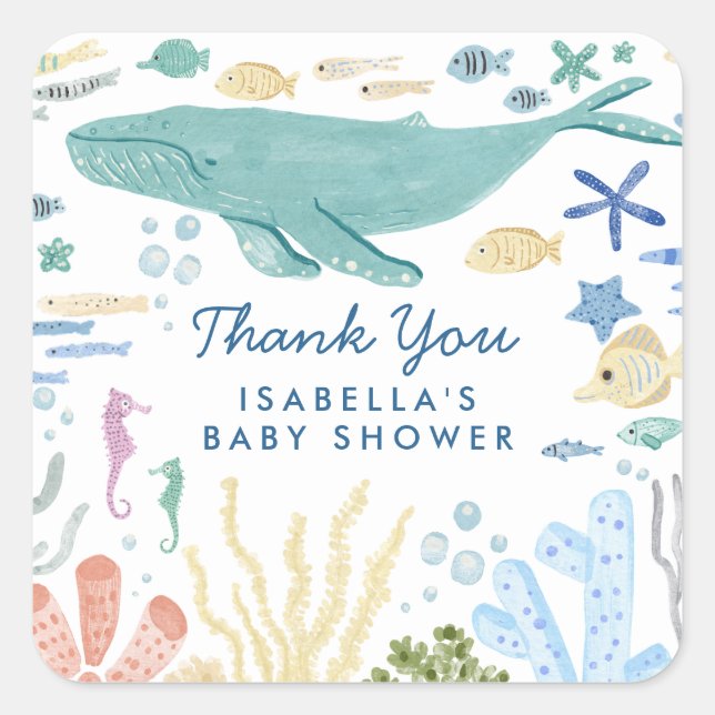 Sticker Carré Baleine Sous Le Baby shower De La Mer (Devant)