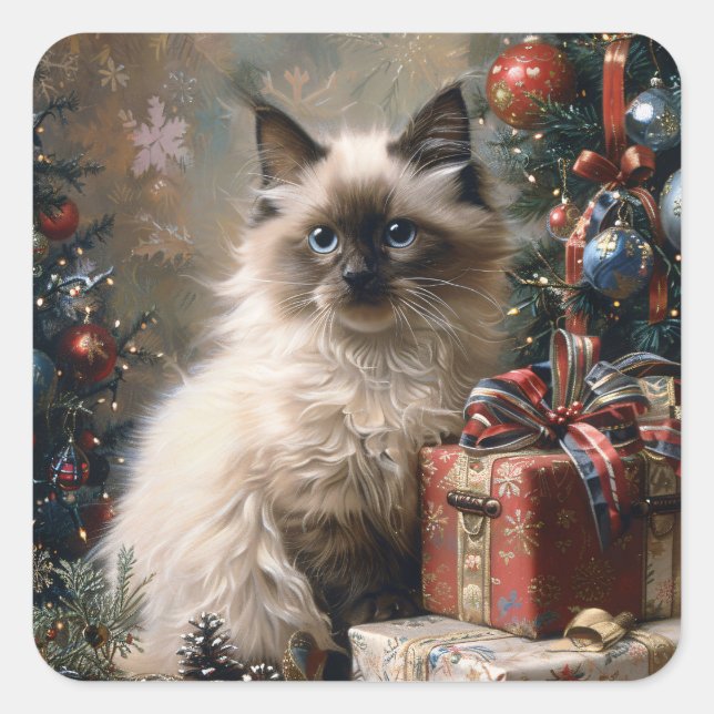 Sticker Carré Balinais Kitten Noël Portrait de chat (Devant)