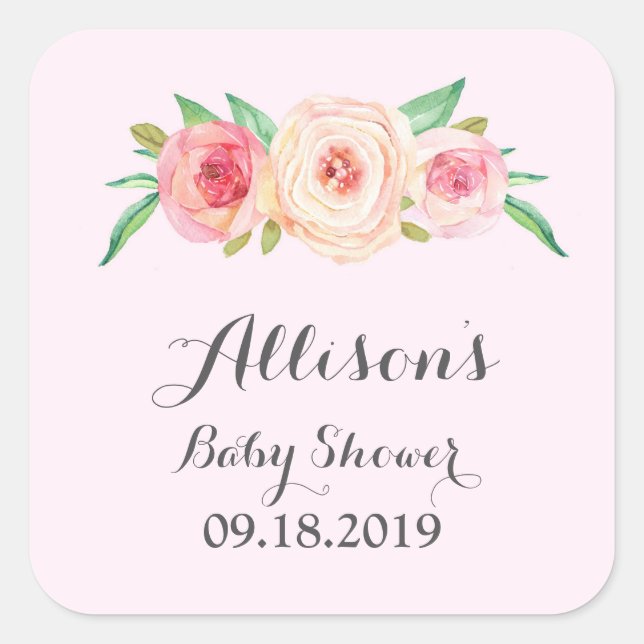 Sticker Carré Balise Baby shower floral rose clair (Devant)
