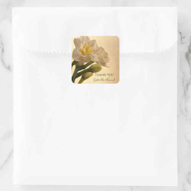 Sticker Carré Balise blanche double jonquilles Mariage Merci Fav (Sac)