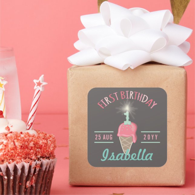 Sticker Carré Balise cadeau 1er anniversaire de fête de crème gl (Fête)