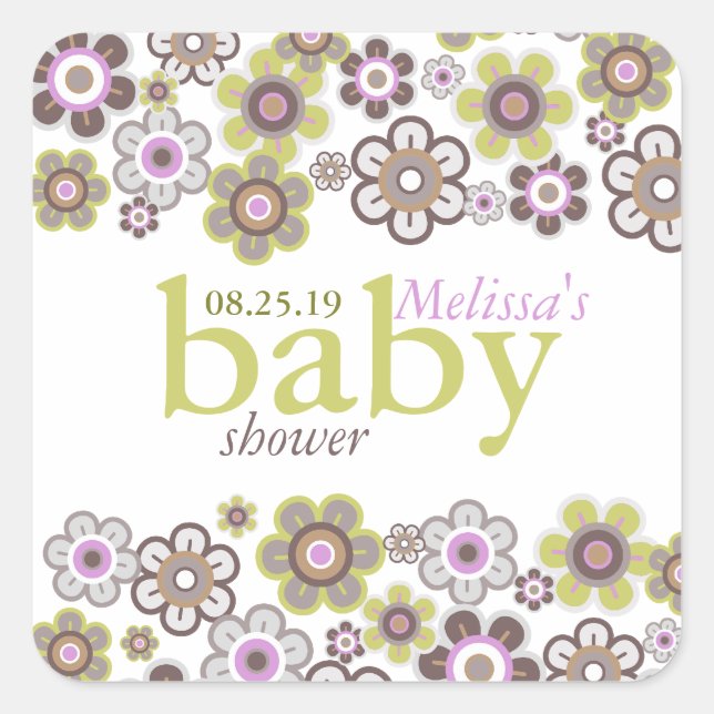 Sticker Carré Balise cadeau Baby shower Fleurs de marguerites vi (Devant)