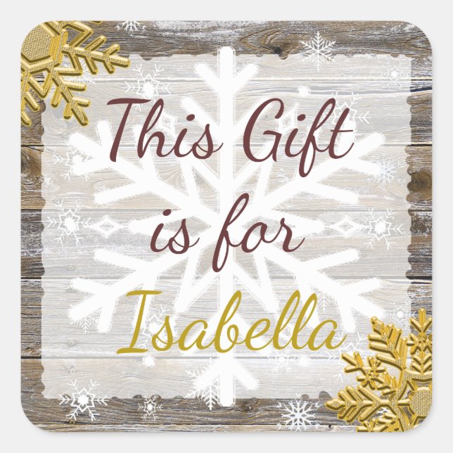 Sticker Carré Balise cadeau de Noël Bois Gold Snowflakes (Devant)