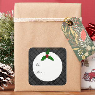 Sticker Carré Balise cadeau de Noël en noir blanc tartan Holly t