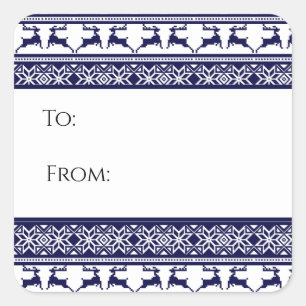 Sticker Carré Balise cadeau de Noël, Folk Scandinave Bleu & Bla