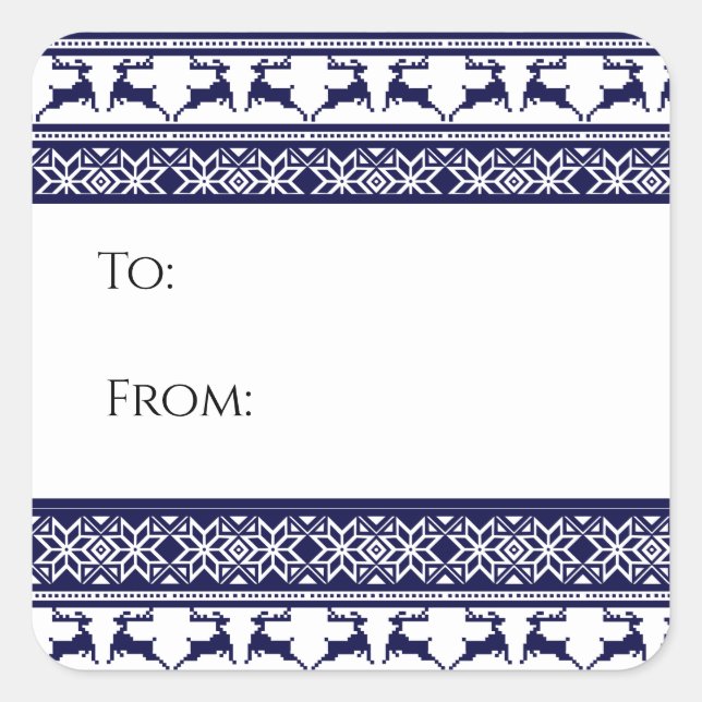 Sticker Carré Balise cadeau de Noël, Folk Scandinave Bleu & Blan (Devant)
