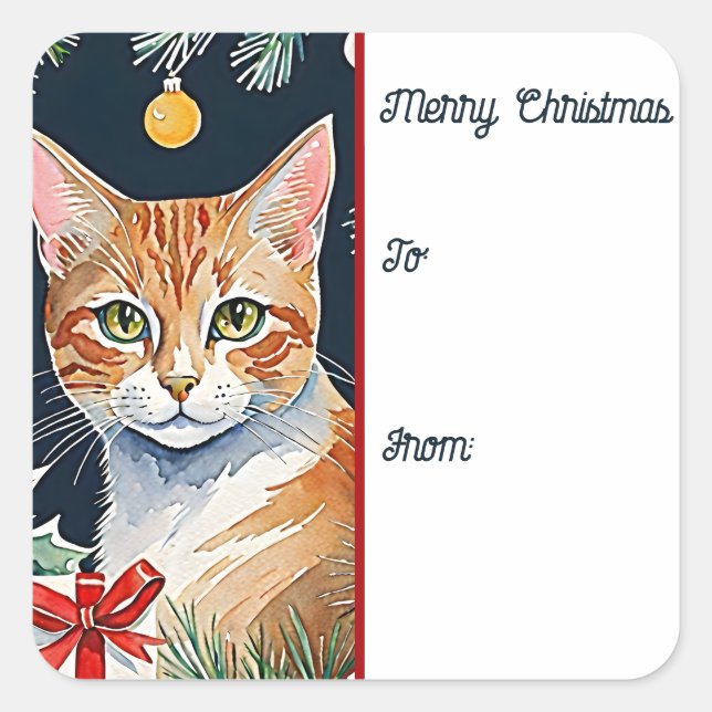 Sticker Carré Balise cadeau de Noël Orange Tabby Cat Meowy (Devant)