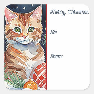 Sticker Carré Balise cadeau de Noël Orange Tabby Kitten Meowy