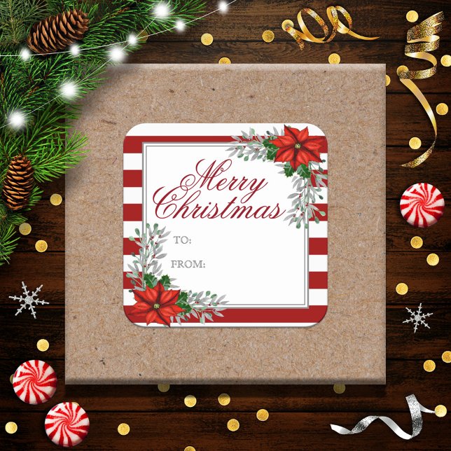Sticker Carré Balise cadeau de Noël Poinsettia Aquarelle (Créateur téléchargé)