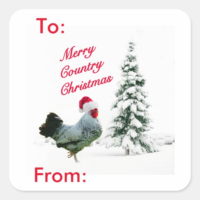 Sticker Carré Balise cadeau Joyeux Pays Noël Poulet Père Noël (Devant)
