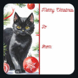 Sticker Carré Balise cadeau Meowy Christmas Kitten Watercolor<br><div class="desc">Album cadeau de et vers Envoyez des salutations de vacances chaudes et fantastiques avec notre design Meowy Christmas Kitten Watercolor. Cette étiquette cadeau Sticker de charme présente une délicieuse aquarelle illustrant un adorable chaton noir aux yeux jaunes captivants,  à côté d'un sapin de Noël joliment décoré,  orné d'ampoules vintages.</div>