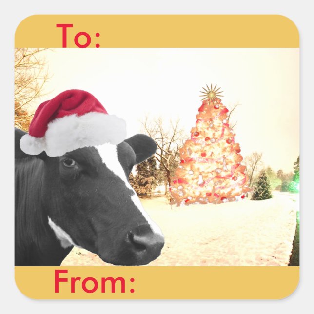 Sticker Carré Balise cadeau Mooey Christmas Winter Cow Santa Hat (Devant)